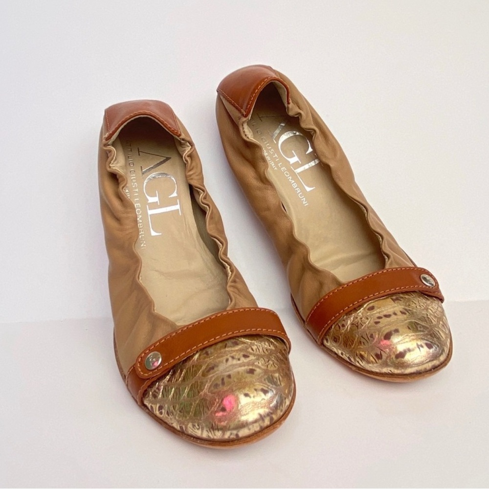 AGL Metallic Cop Toe Leather Gold And Tan Ballet Flats Size 37